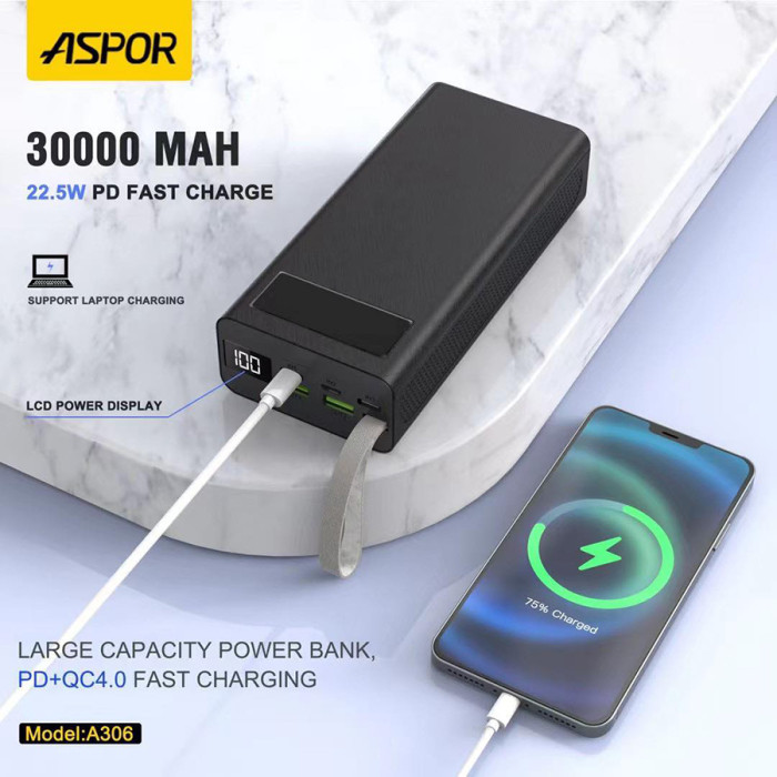 Power Bank Aspor A306 Fast Charge 30000mAh (USB-C/USB/Type-C/Lightning/22.5W)- чорний (900124) - Зображення 4
