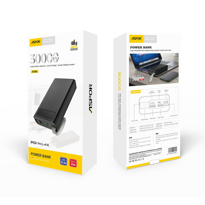 Power Bank Aspor A306 Fast Charge 30000mAh (USB-C/USB/Type-C/Lightning/22.5W)- чорний (900124) - Зображення 5