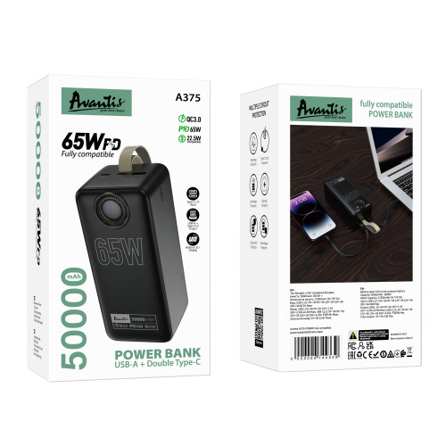 Power Bank Avantis A375 50000mAh (USB/2USB-C/65W)- чорний (900166) - Зображення 5